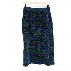 Vintage Corduroy Skirt w/ Novelty Fall House Village Print Pockets Women's Sz 8